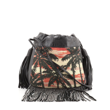 Saint Laurent Helena Bucket Bag Jacquard with Studded Fringed Leather Small