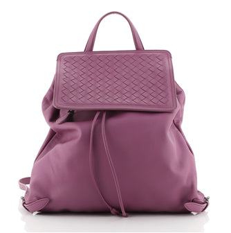 Bottega Veneta Drawstring Flap Front Zip Backpack Leather with Intrecciato