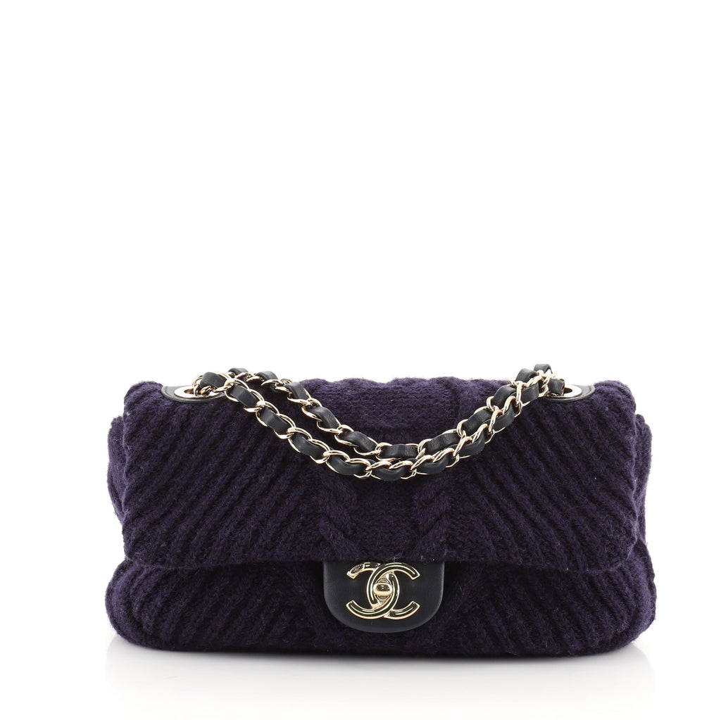 Chanel CC Chain Flap Bag Cable Knit Fabric with Calfskin Small Purple  6842562