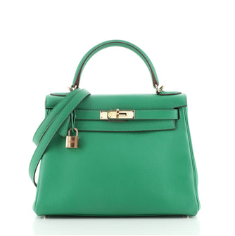 Hermes Kelly Handbag Green Clemence with Gold Hardware 28