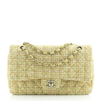 Chanel Yellow Tweed Medium Classic Double Flap Bag With