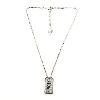 Christian Dior Vintage Logo Dog Tag Necklace Metal and Rhinestones