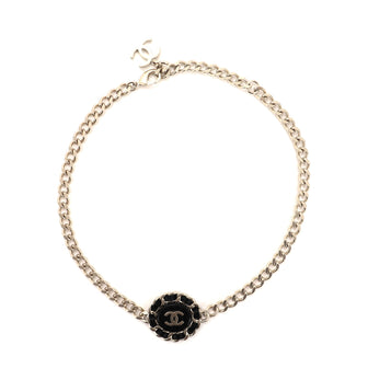 Chanel CC Round Pendant Choker Necklace Metal and Leather