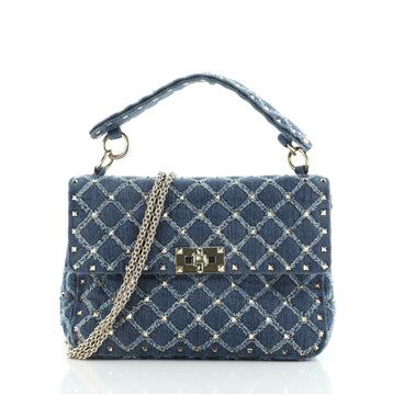 Valentino Rockstud Spike Flap Bag Quilted Denim Medium