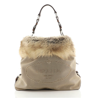 Prada Logo Hobo Jacquard and Fur Large