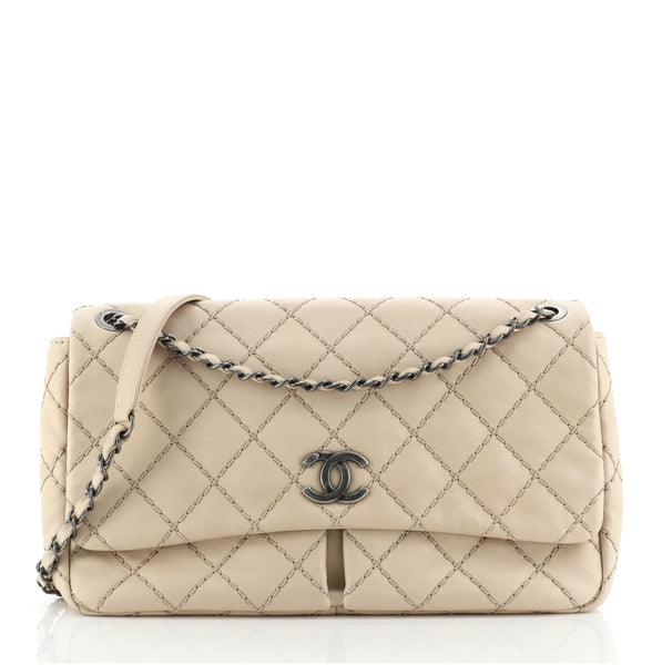 Chanel Natural Beauty Split Pocket Flap Bag Stitched Calfskin Medium  Neutral 100363225
