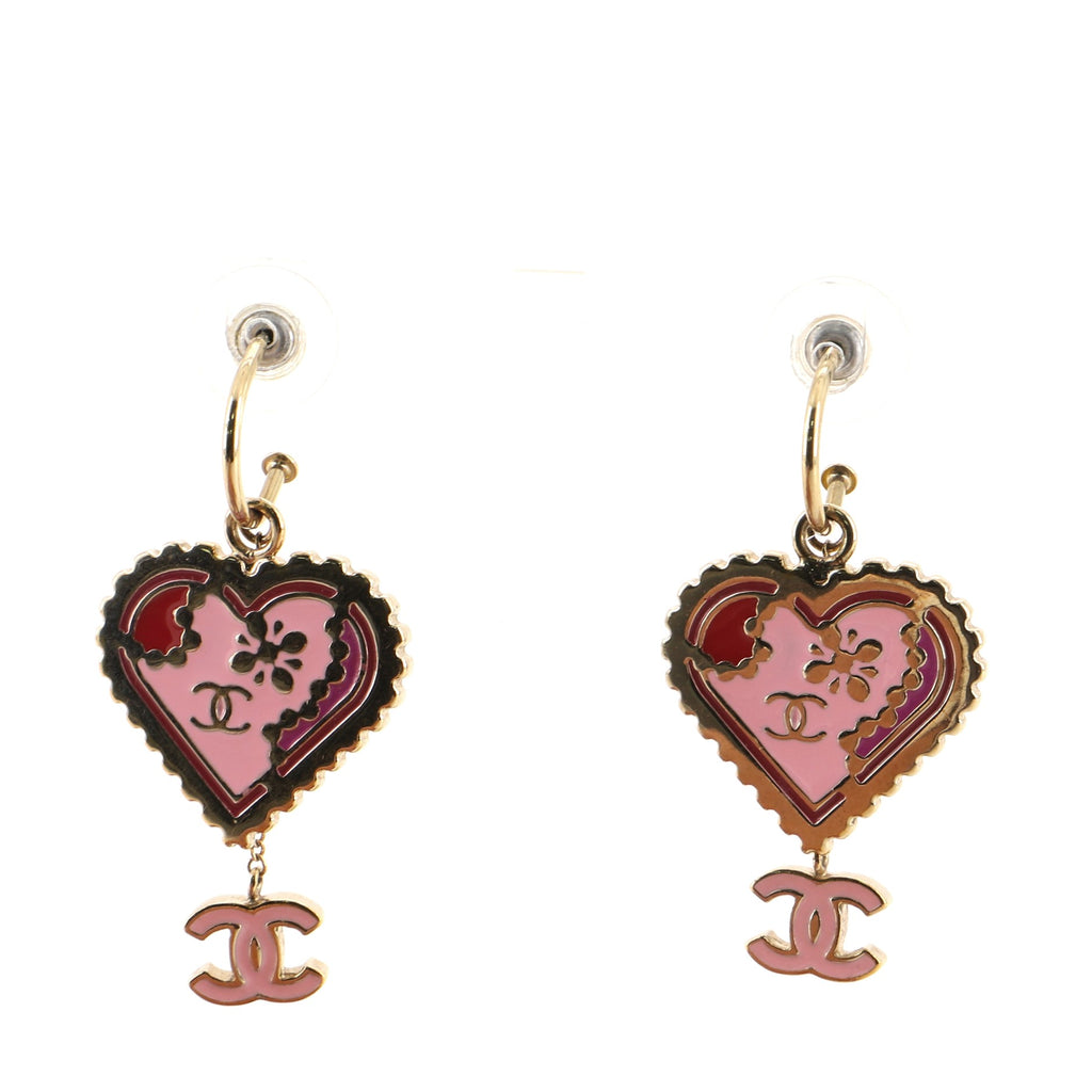 Chanel Valentine CC Heart Drop Earrings Enamel with Metal Pink 690492