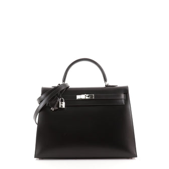 Hermes Kelly Handbag Black Box Calf with Palladium Hardware 35