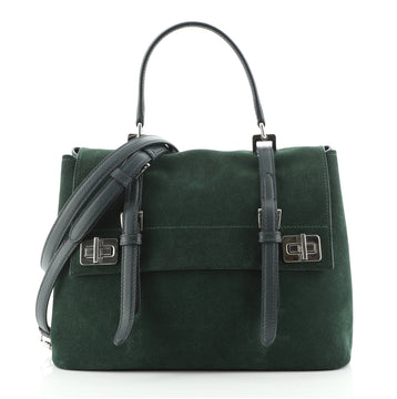Prada Half Flap Double Turn Lock Satchel Saffiano Leather Large Suede Large