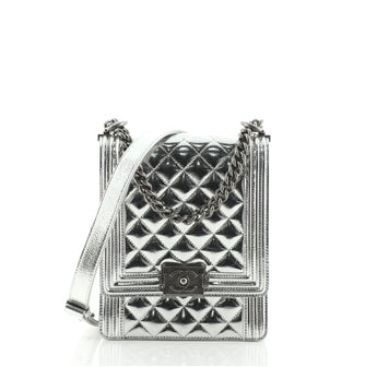 Chanel North South Boy Flap Bag Quilted Metallic Calfskin Small