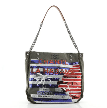 Chanel Cuba La Habana Chain Hobo Sequin Embellished Canvas Medium