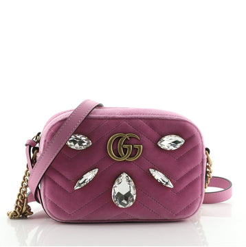 Gucci GG Marmont Shoulder Bag Crystal Embellished Matelasse Velvet Mini