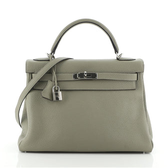 Hermes Kelly Handbag Green Clemence with Palladium Hardware 32