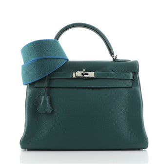Hermes Kelly Handbag Green Clemence with Palladium Hardware 32