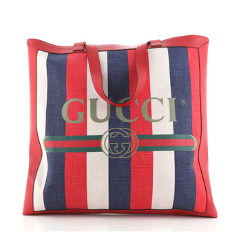 Gucci Logo Tote Striped Canvas and Leather Large
