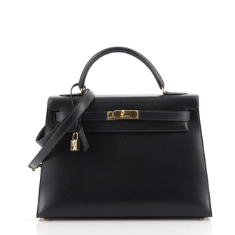 Hermes Kelly Handbag Blue Box Calf with Gold Hardware 32