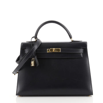 Hermes Kelly Handbag Blue Box Calf with Gold Hardware 32