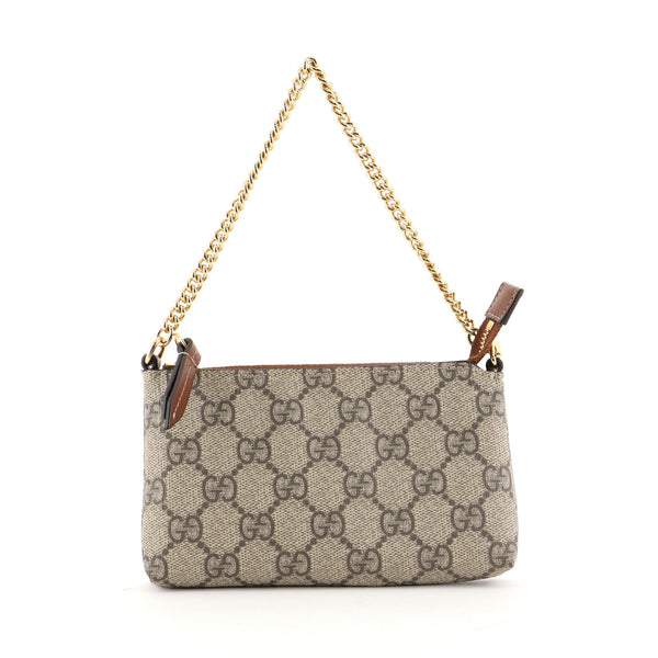 GUCCI POCHETTE SHOULDER HANDBAG, GG monogram canvas with metallic dust pink  leather trims and handle, pale gold hardware, top zip closure with logo  charme, brown fabric lining and dust bag, 23cm x