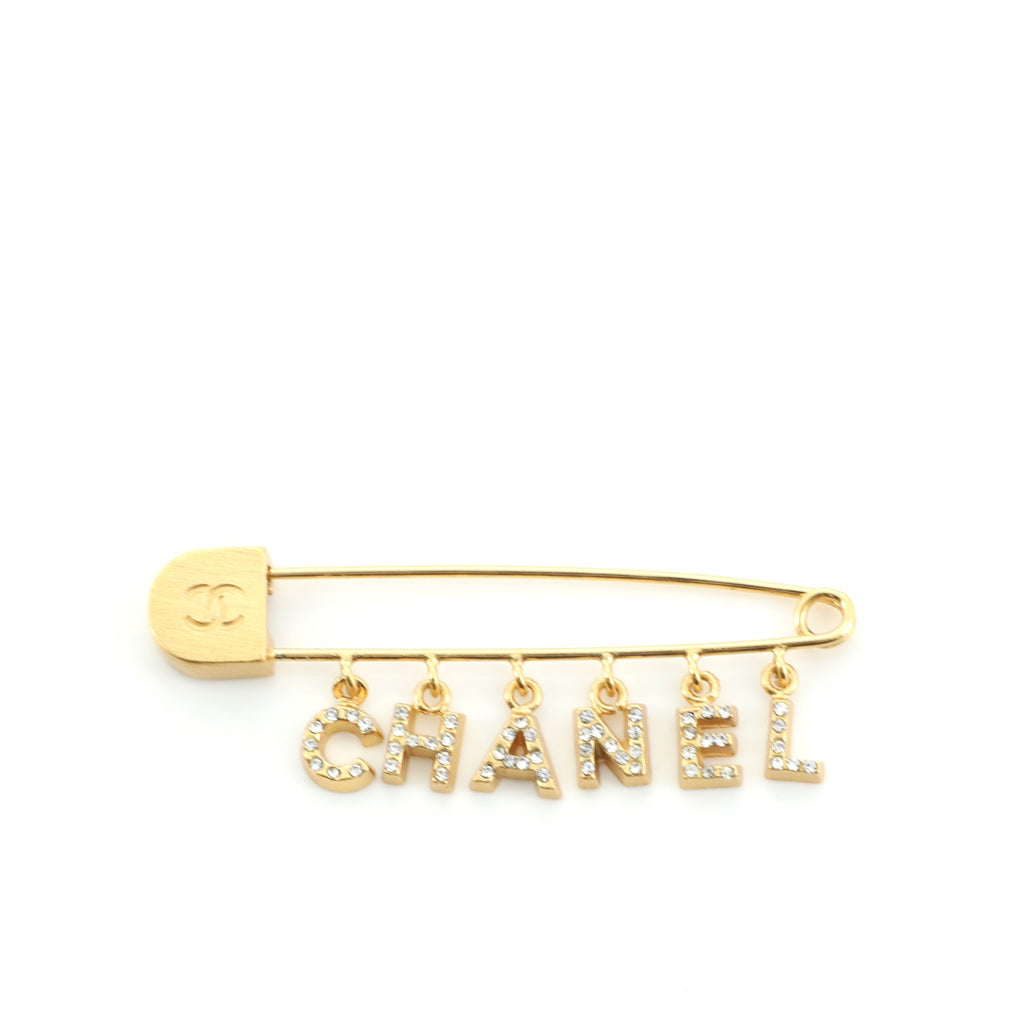 Chanel Logo Safety Pin Brooch Metal with Rhinestone Gold 6956352