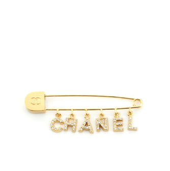 Chanel Logo Safety Pin Brooch Metal with Rhinestone