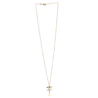 Chanel CC Drop Pendant Necklace Metal with Faux Pearl and Rhinestone