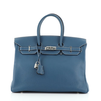 Hermes Birkin Handbag Blue Clemence with Palladium Hardware 35