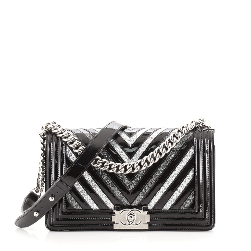 NWT 17K Chanel Black Glitter Chevron Patent Boy Flap Medium Bag – Boutique  Patina