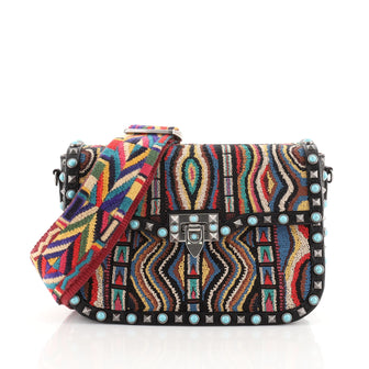 Valentino Rolling Rockstud Crossbody Bag Beaded Leather with Cabochons Small