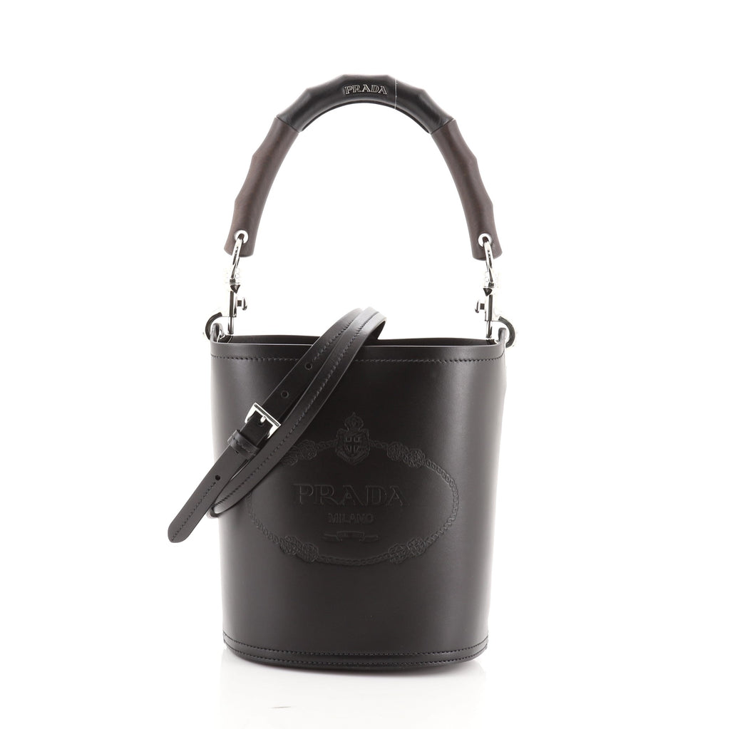 Prada Tambour Bucket Bag Leather with Metal and Wood Black 704111