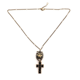 Gucci Lion Cross Pendant Necklace Metal with Enamel and Faux Pearl