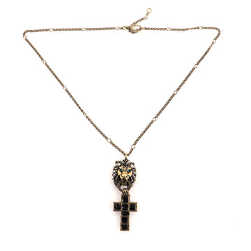 Gucci Lion Cross Pendant Necklace Metal with Enamel and Faux Pearl