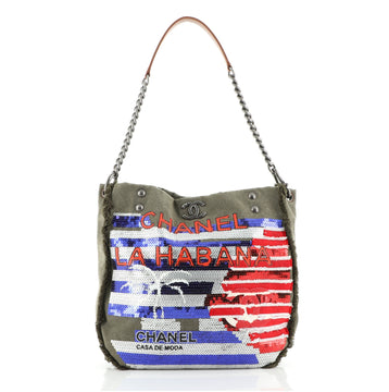 Chanel Cuba La Habana Chain Hobo Sequin Embellished Canvas Medium