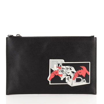 Prada Logo Patch Zip Pouch Saffiano Leather Medium