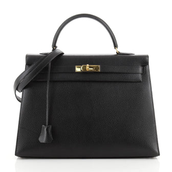 Hermes Kelly Handbag Black Ardennes with Gold Hardware 35