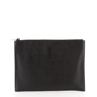 Saint Laurent Classic Monogram Zip Pouch Crocodile Embossed Leather Medium