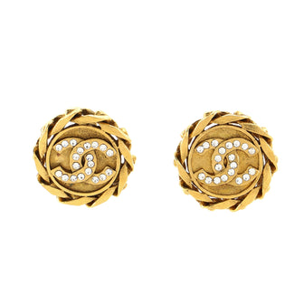 Chanel Vintage CC Round Clip-On Crystal Embellished Metal Earrings