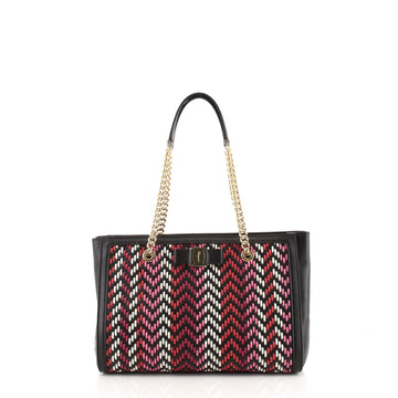 Salvatore Ferragamo Vara Bow Double Chain Tote Multicolor Woven Leather Small