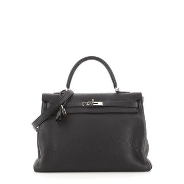 Hermes Kelly Handbag Black Clemence with Palladium Hardware 32