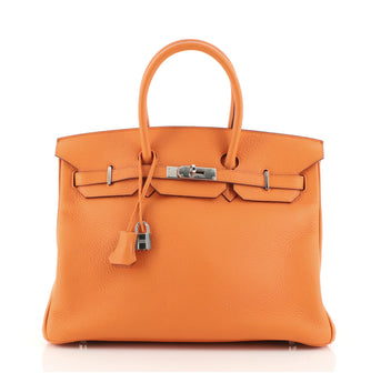Hermes Birkin Handbag Orange Clemence with Palladium Hardware 35
