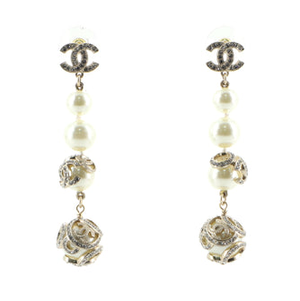 Chanel CC Encrusted Drop Earrings Metal with Crystals and Faux Pearls