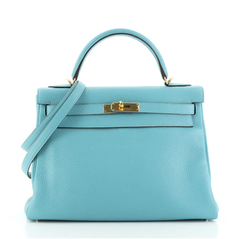 Hermes Kelly Handbag Blue Clemence with Gold Hardware 32