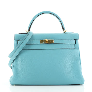 Hermes Kelly Handbag Blue Clemence with Gold Hardware 32