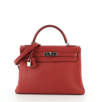 Hermes Kelly Handbag Red Clemence with Palladium Hardware 32