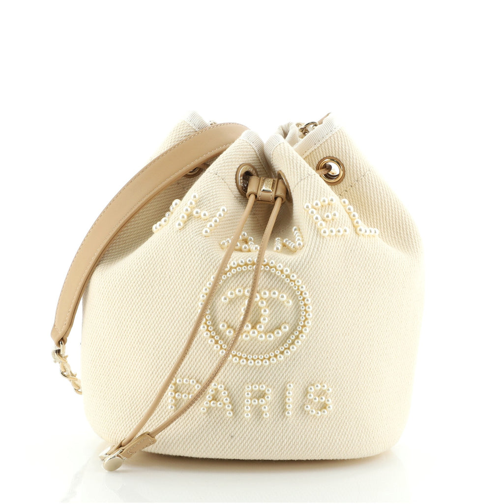Chanel Deauville Drawstring Bucket Bag Lurex Canvas Medium Neutral 2346341