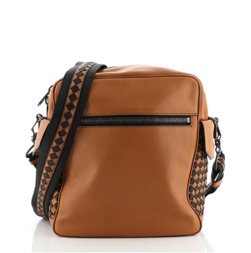 Bottega Veneta Front Zip Pocket Messenger Bag Leather with Intrecciato Detail Small