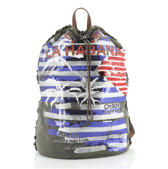 Chanel Cuba La Habana Drawstring Backpack Sequin Embellished Canvas Large