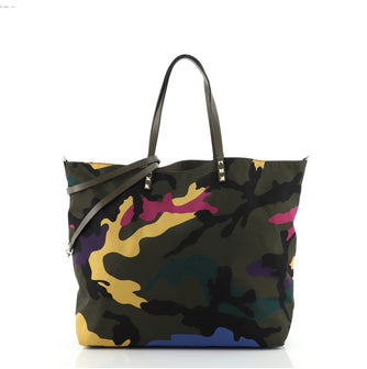Valentino Rockstud Open Reversible Convertible Tote Camo Nylon Medium