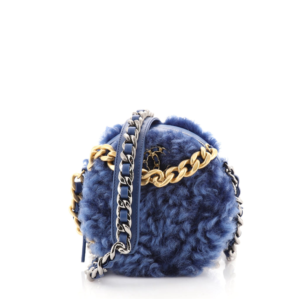 Chanel 19 Round Clutch with Chain Quilted Shearling Blue 715681