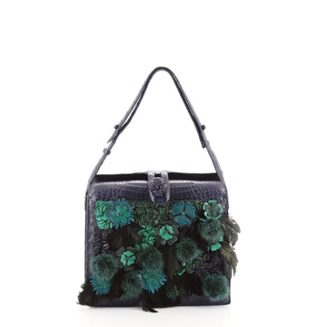 Nancy Gonzalez Pom Pom Shoulder Bag Crocodile with Fur and Applique Small