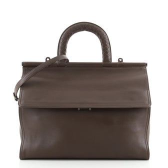 Bottega Veneta Bar Frame Top Handle Flap Bag Leather with Intrecciato Detail Medium